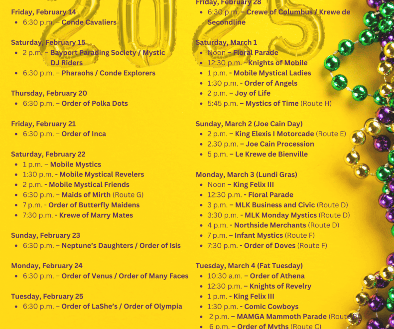 2025 Mardi Gras Parade Schedule Mobile Alabama