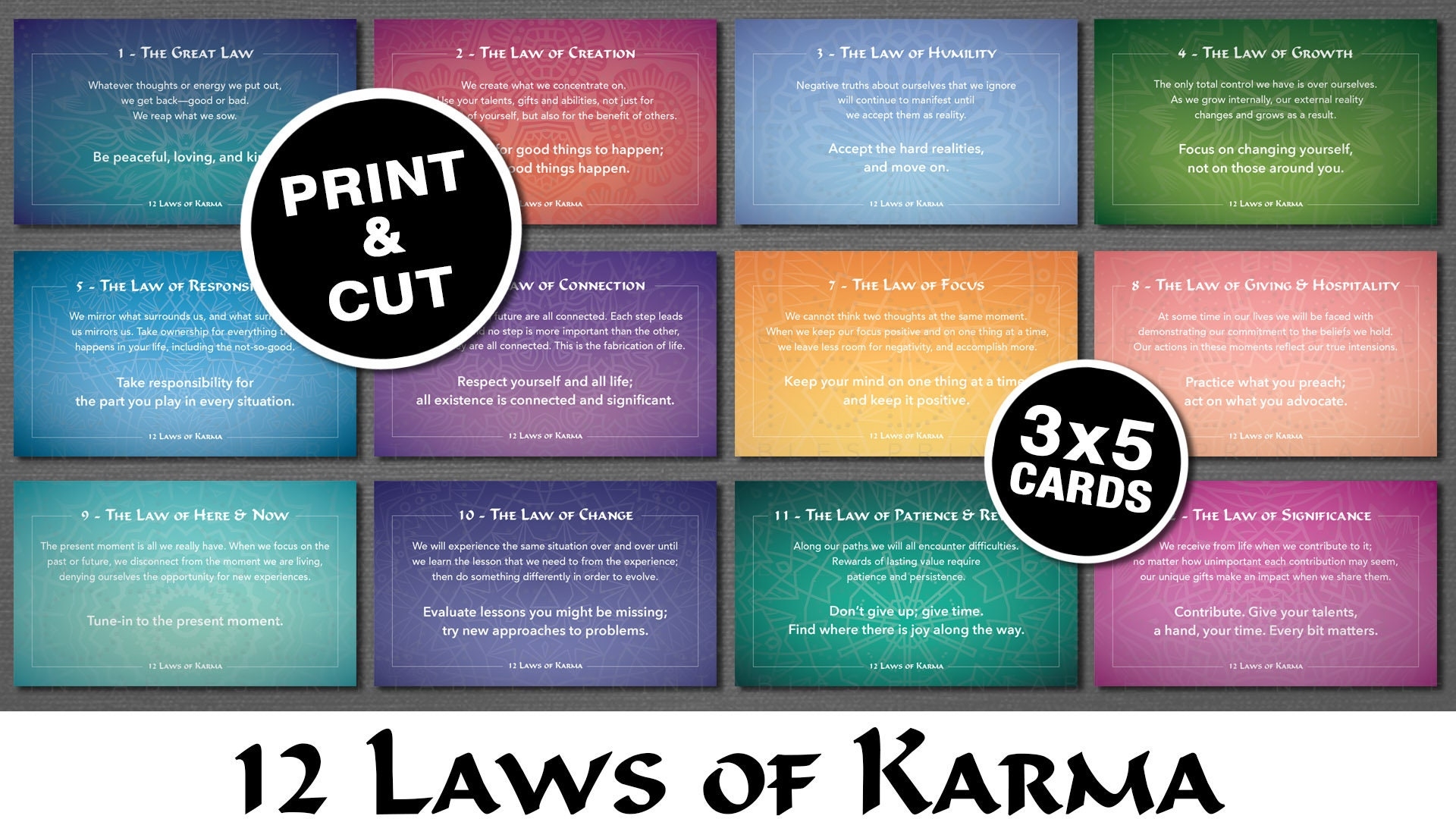 12 Laws Of Karma Printable 3x5 Cards Instant Download PDF And JPG Files Simply Print Cut Etsy