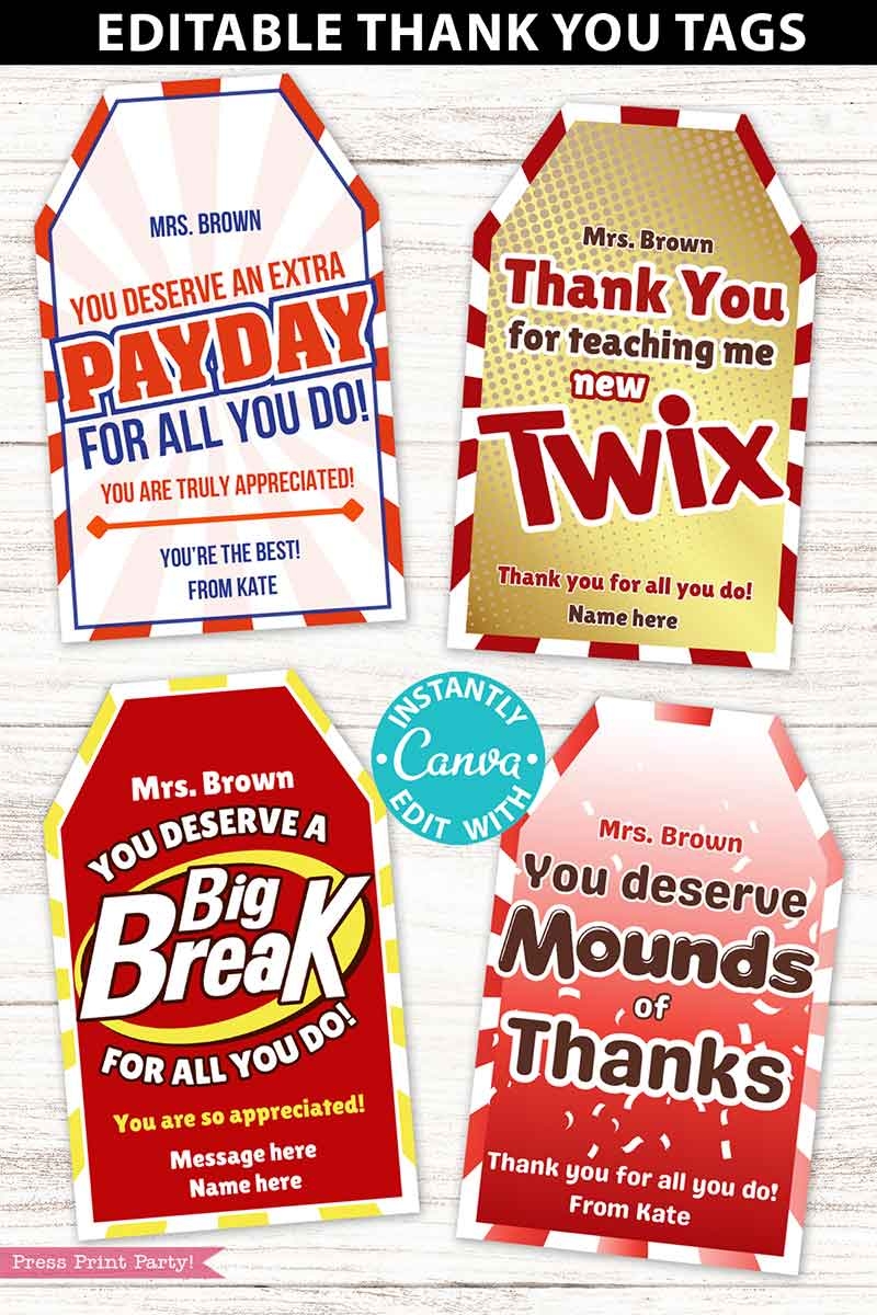 16 Candy Bar Thank You Gift Tags Bundle Press Print Party 