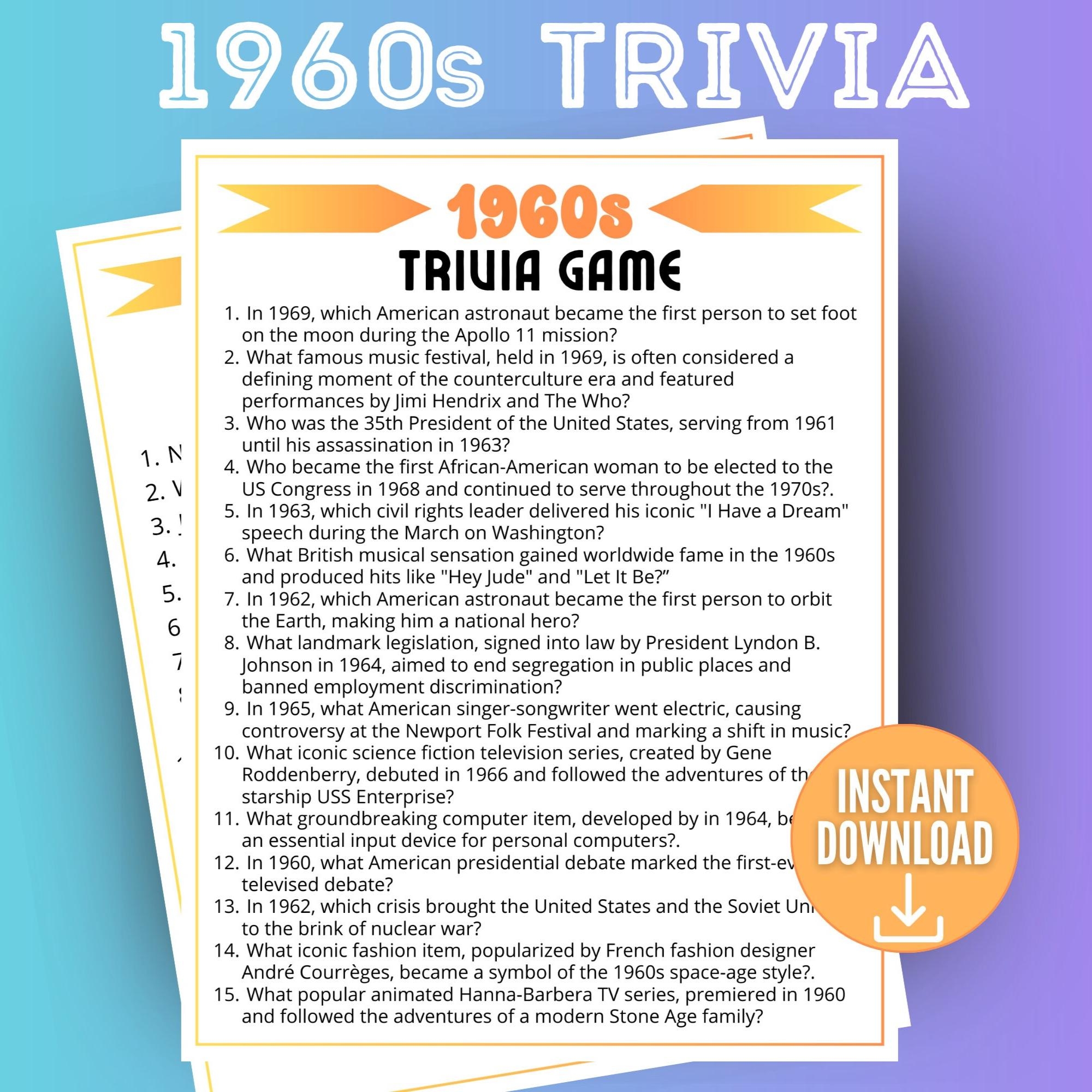 1960s Decade Trivia Game Trivia Questions 60s Trivia Quiz 1960s Themed Party Family Game Night Party Games For Adults Birthday Idea Etsy