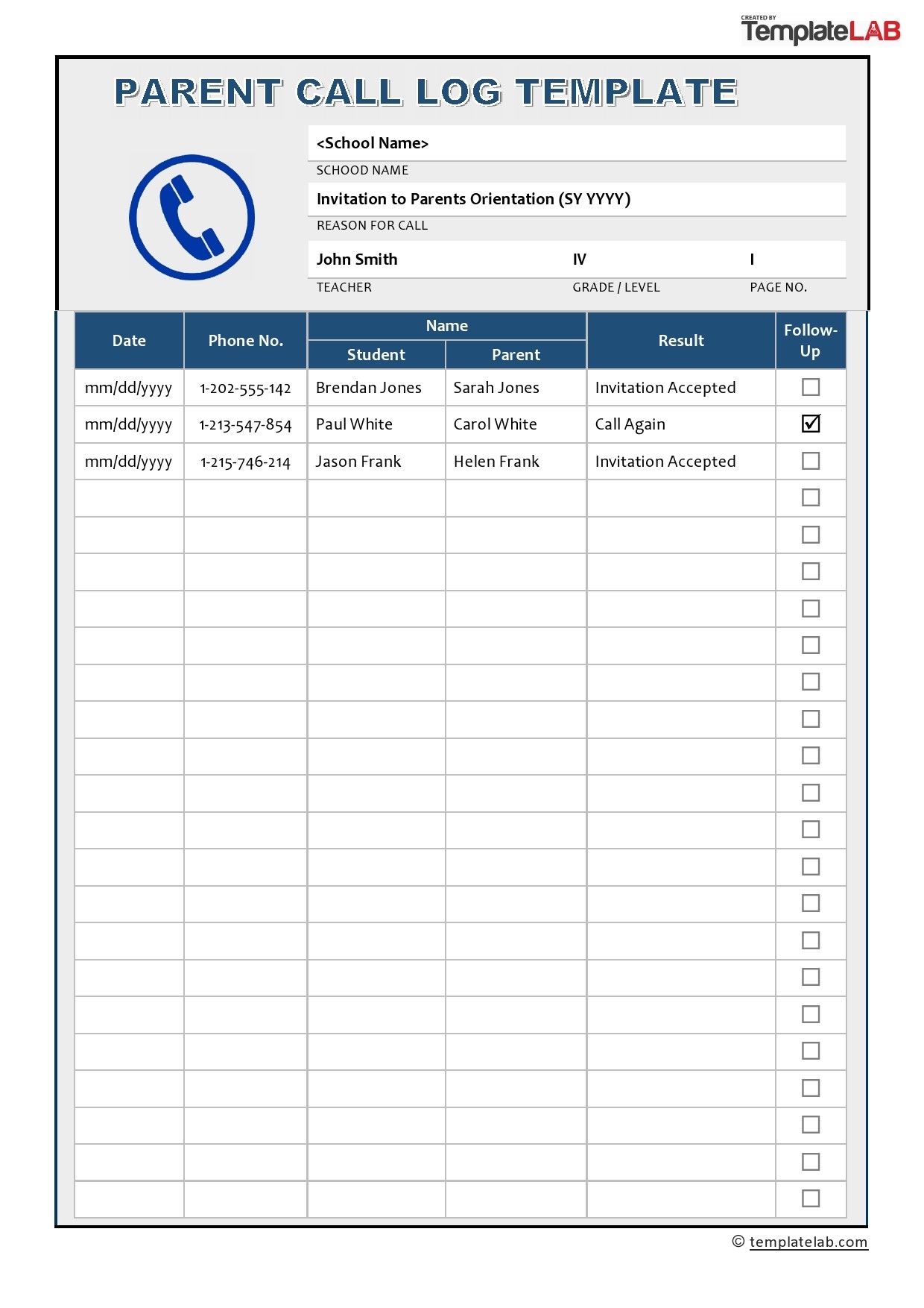 20 Printable Call Log Templates Word Excel PDF TemplateLab