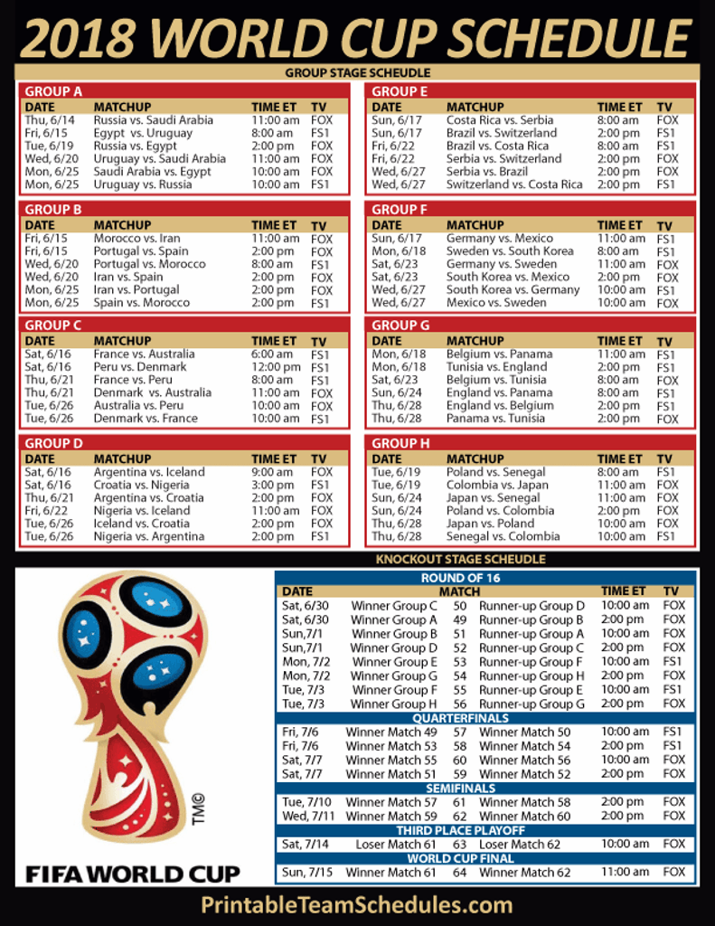 2018 FIFA World Cup Final Click For Full Schedule Worksheets Library