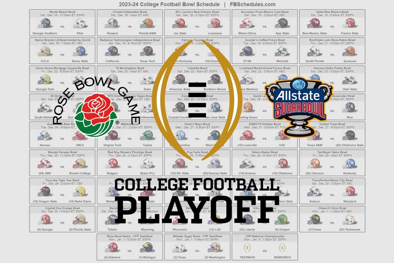 2023 24 College Football Bowl Helmet Schedule