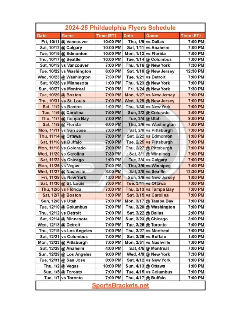 2024 25 Philadelphia Flyers Schedule Printable PDF Format Sports Brackets