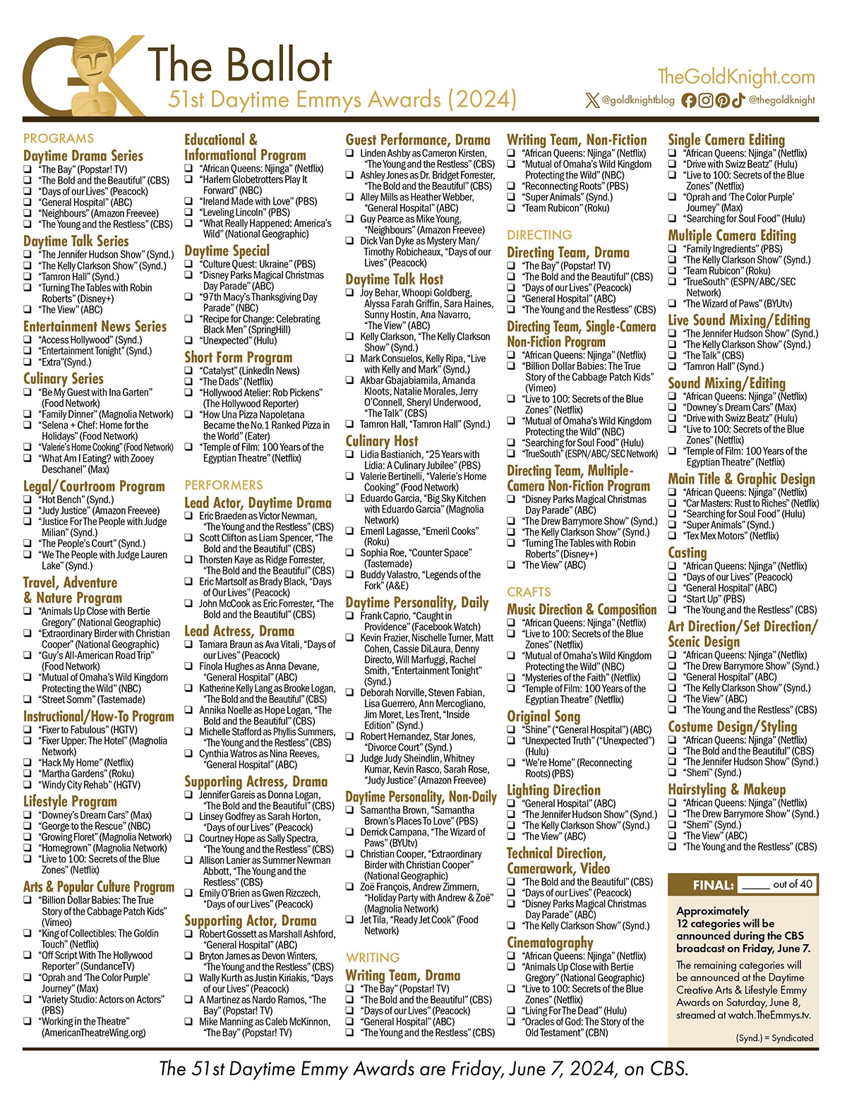 2024 Daytime Emmy Awards Printable Ballot The Gold Knight Latest Academy Awards News And Insight