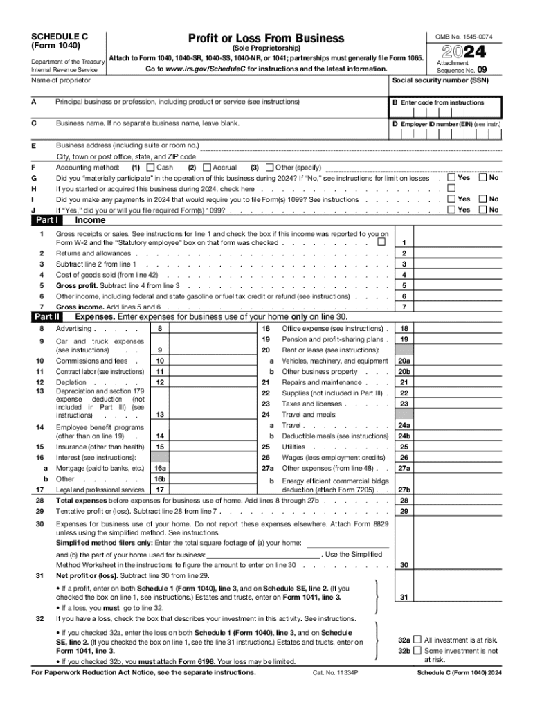 2024 Form IRS 1040 Schedule C Fill Online Printable Fillable Blank PdfFiller