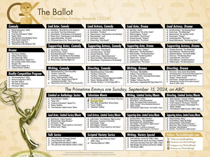 2024 Primetime Emmy Awards Printable Ballot The Gold Knight Latest Academy Awards News And Insight