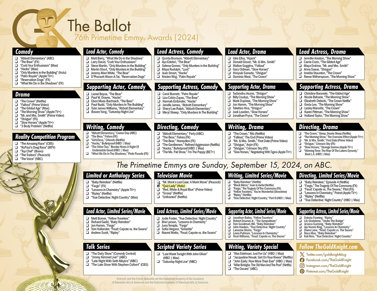 2024 Primetime Emmy Awards Printable Ballot The Gold Knight Latest Academy Awards News And Insight