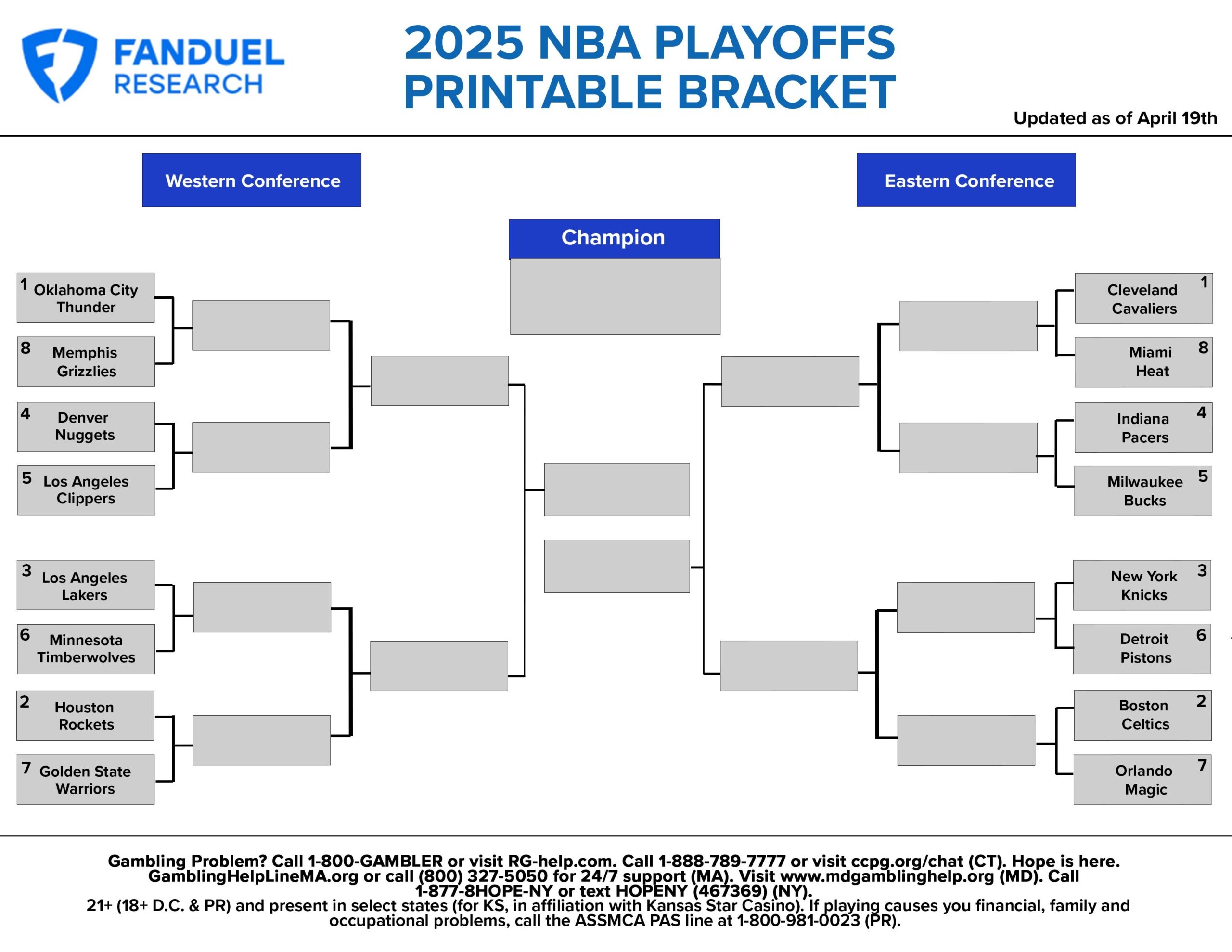 2025 NBA Playoffs Free Printable Bracket First Round Schedule And Betting Odds FanDuel Research