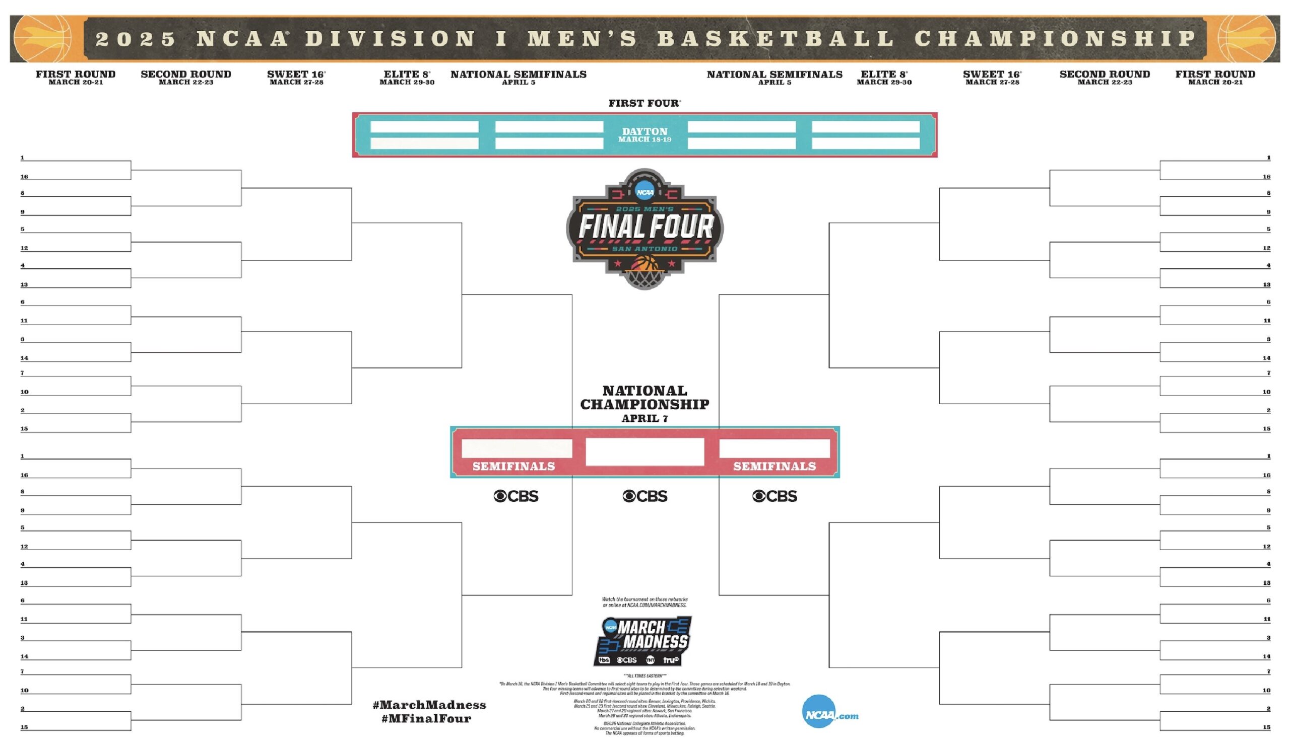 2025 NCAA Printable Bracket Schedule For March Madness NCAA