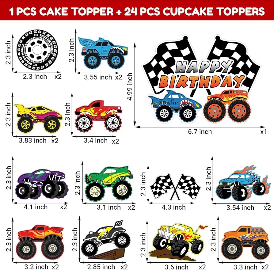 25 St ck Monster Truck Trucks Thema Geburtstag Party Kuchen Topper Cupcake Topper Supplies Dekorationen Gef lligkeiten Dekor Niedliche Geschenke F r Spiele Jungen M dchen Kinder Teenager Babyparty Amazon de Spielzeug