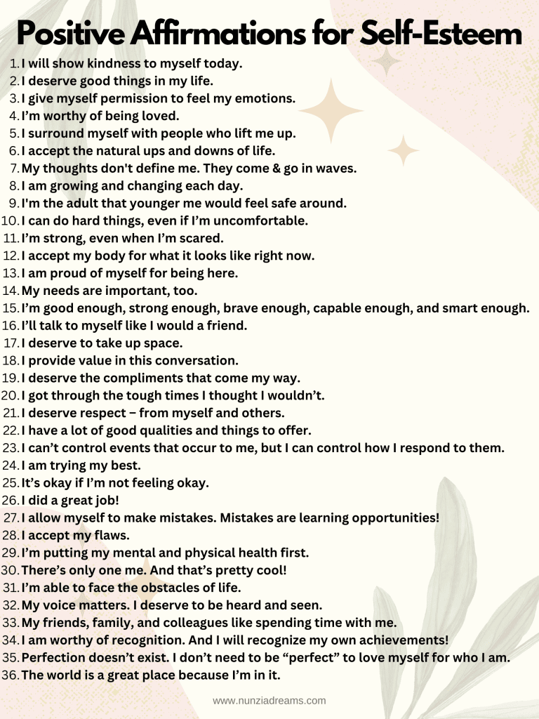 36 Helpful Positive Affirmations For Self Esteem NunziaDreams