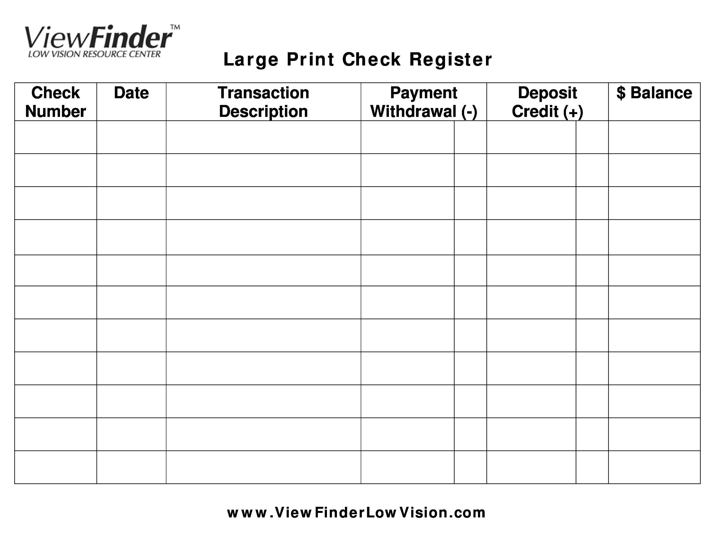 Large Print Check Register Printable
