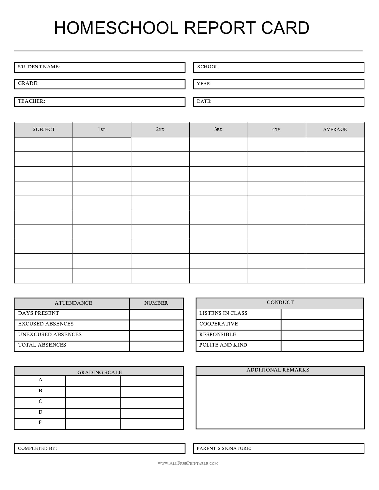 Printable Report Cards For Homeschoolers