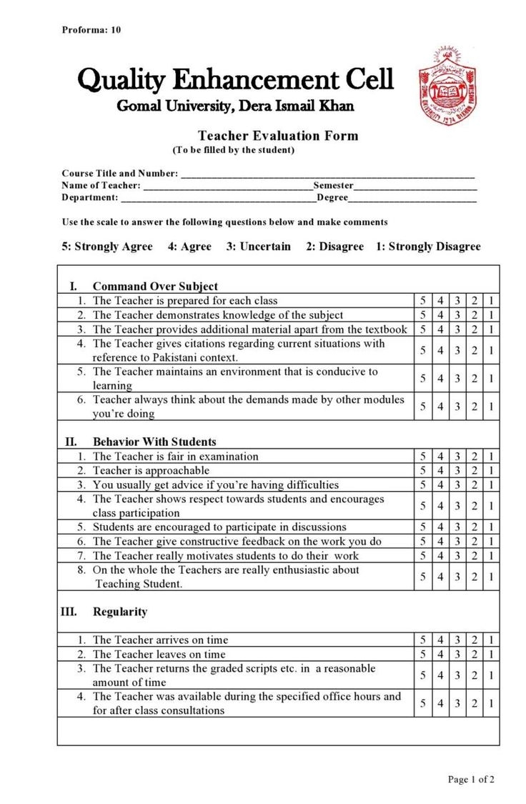 Free Printable Teacher Evaluation Forms