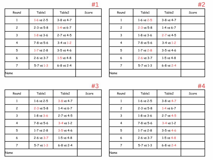 8 Person Euchre Tournament Rotation 2 Table Score Card