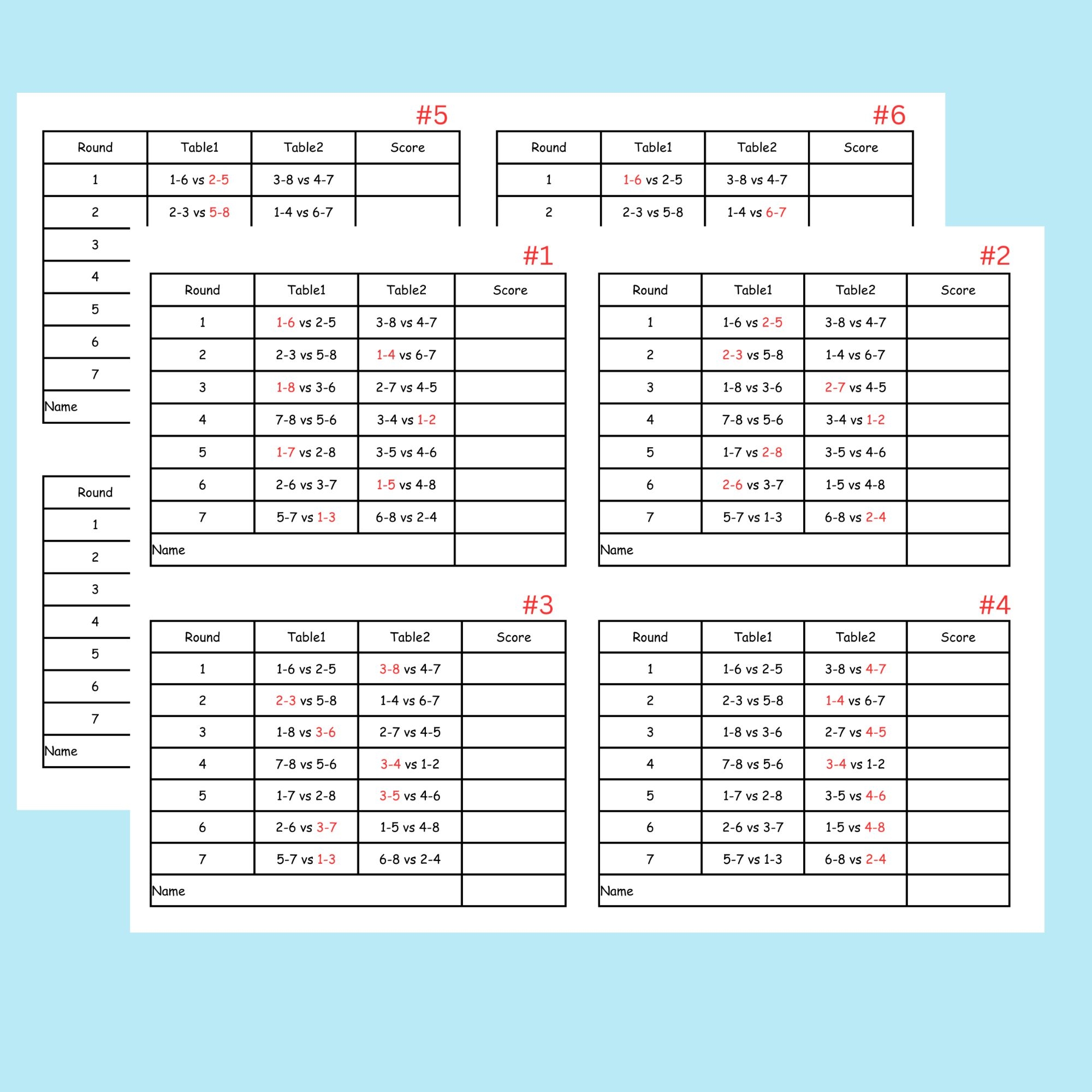 8 Person Euchre Tournament Rotation 2 Table Score Card