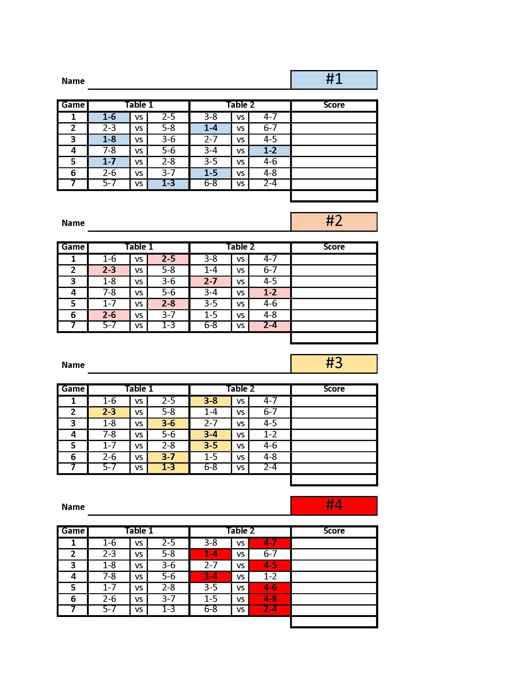 8 player Euchre Tournament Score Sheet And Rotations PDF Printable Color Etsy Canada