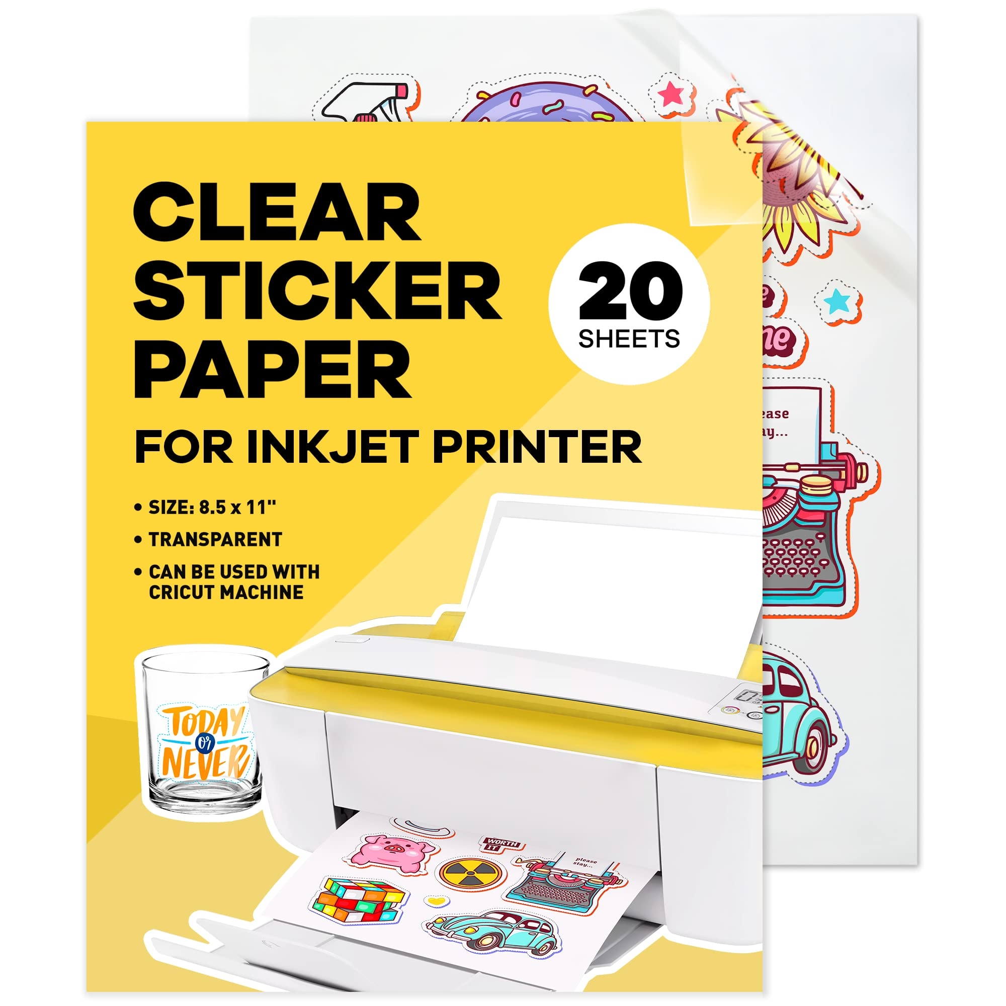 90 Clear Sticker Paper For Inkjet Printer 20 Sheets Glossy 8 5 X 11 Printable Vinyl Sticker