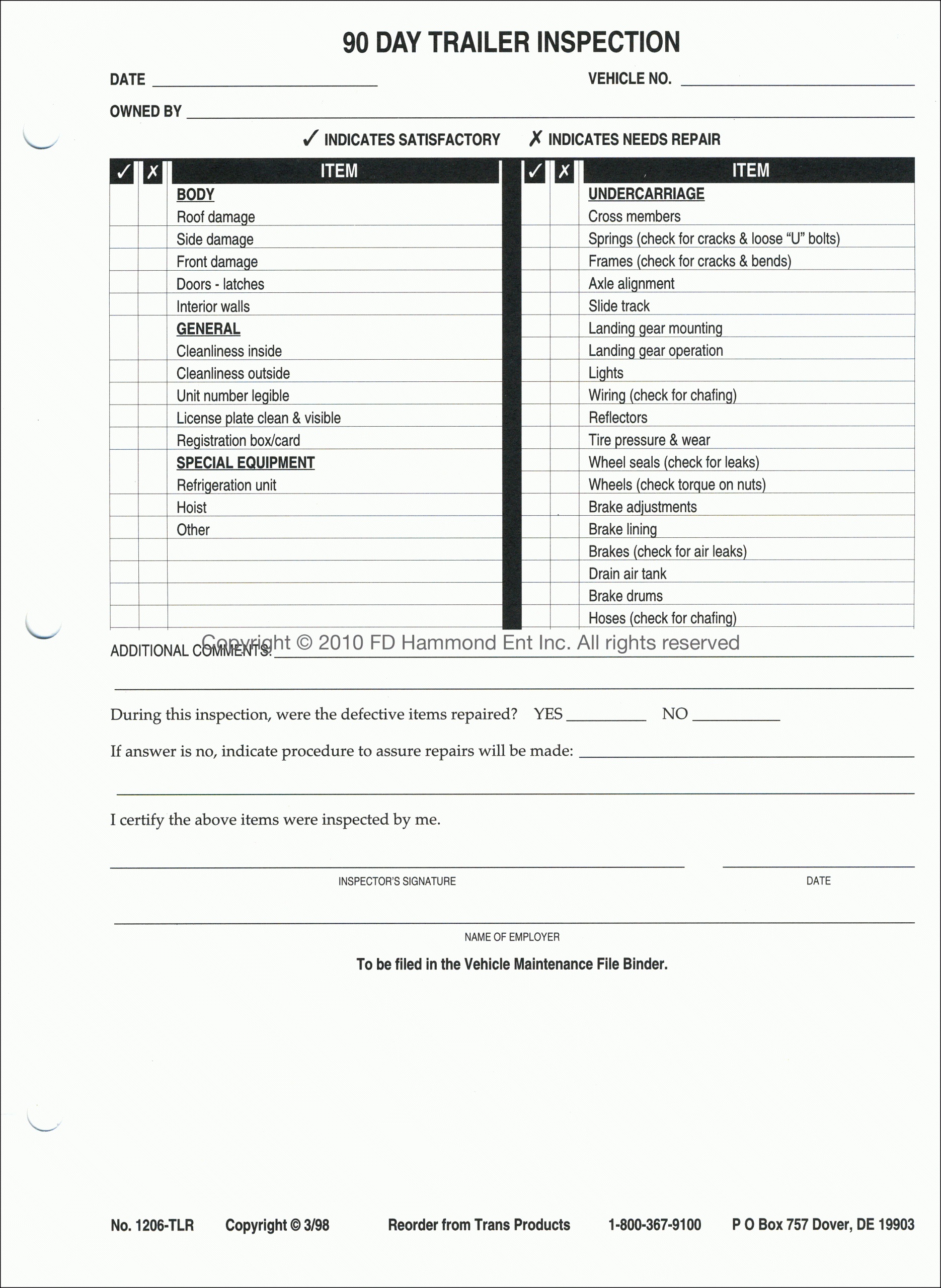 Truck And Trailer Inspection Form Free Printable