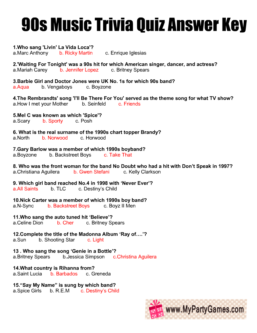 90s Music Trivia Quiz With Its Answer Key
