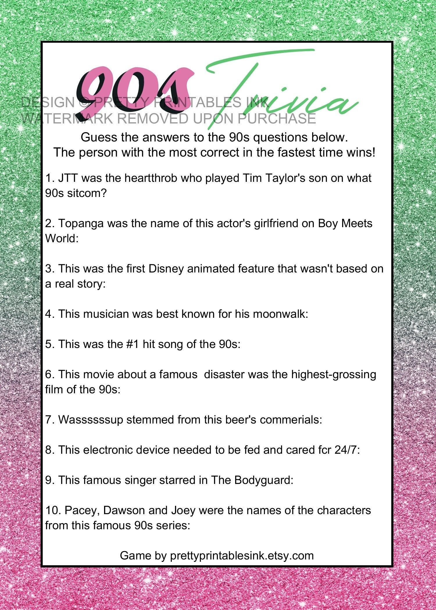 90s Trivia Game Printable Girls Night Game 90s Party Game 90s Bachelorette Game Bach To The 90s Game Girls Night In Game Etsy