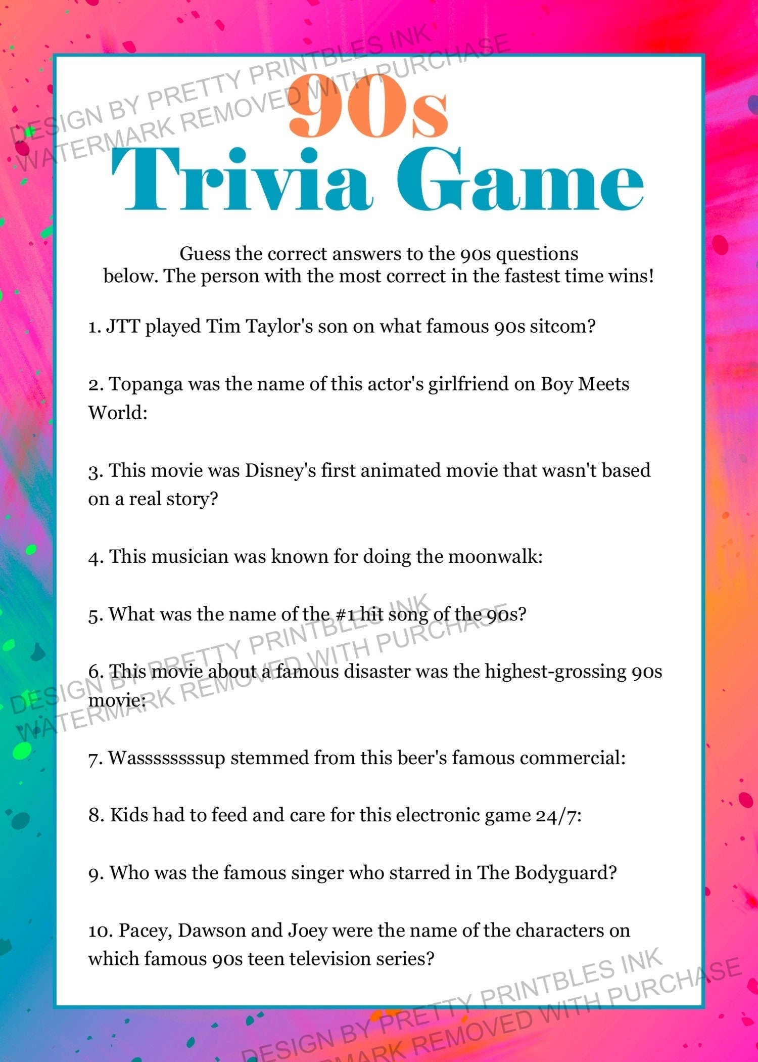 90s Trivia Game Printable Girls Night Game 90s Party Game Adult Birthday Game Adult Party Game 1990s Trivia Game 90s Bachelorette Game Etsy