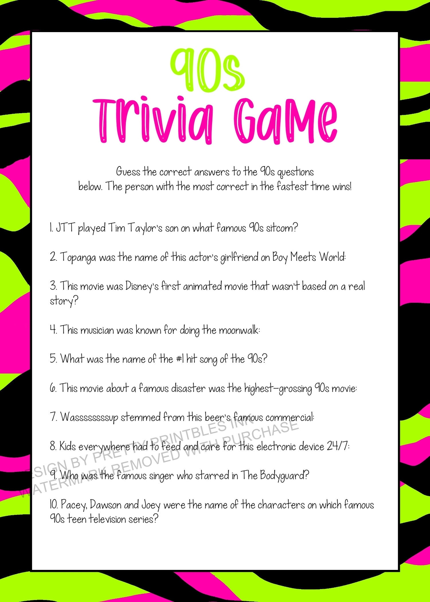 90s Trivia Game Printable Girls Night Game Virtual Party Game 1990s Trivia Game 90s Party Game Adult Party Game Birthday Game Etsy