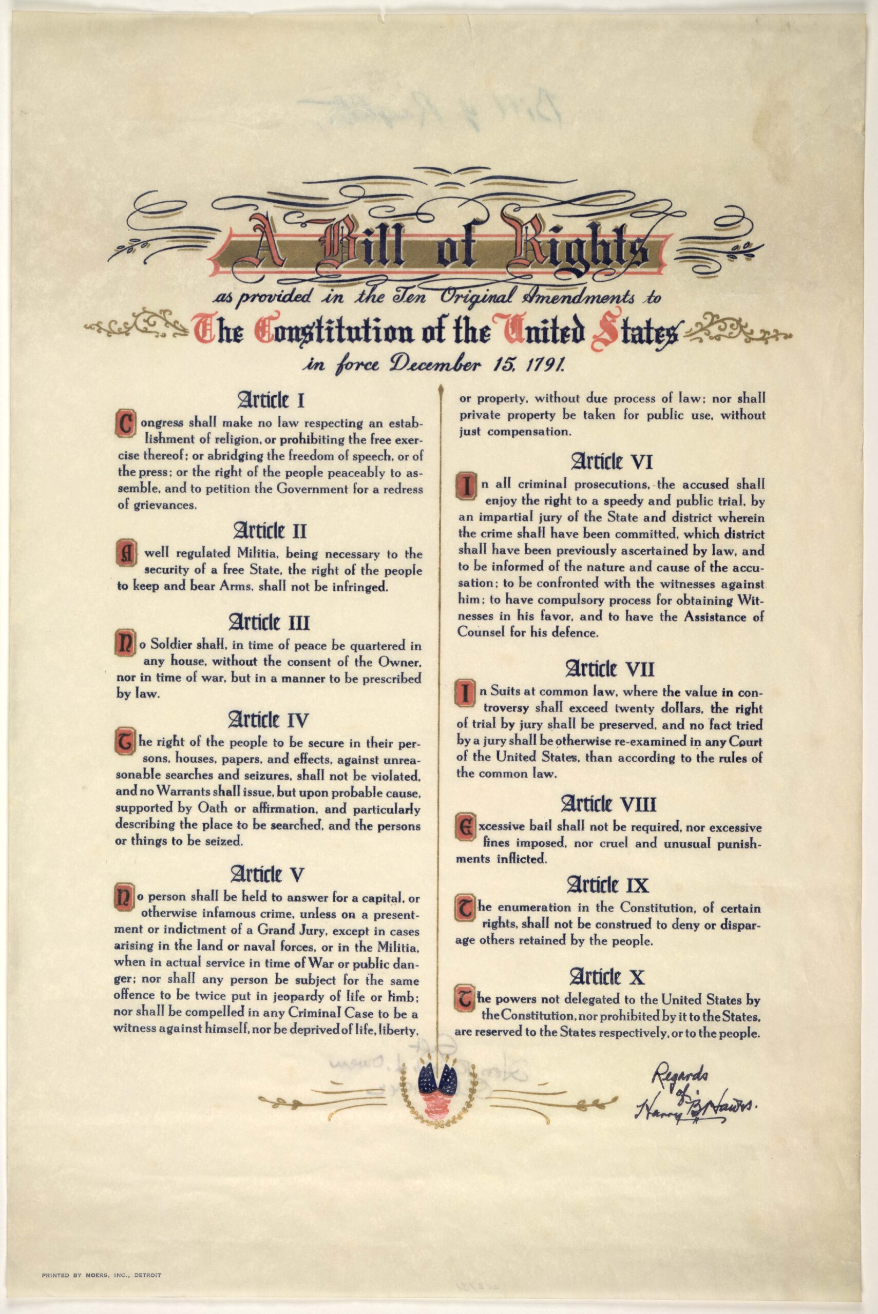A Bill Of Rights As Provided In The Ten Original Amendments To The Constitution Of The United States In Force December 15 1791 n P 1942 Library Of Congress