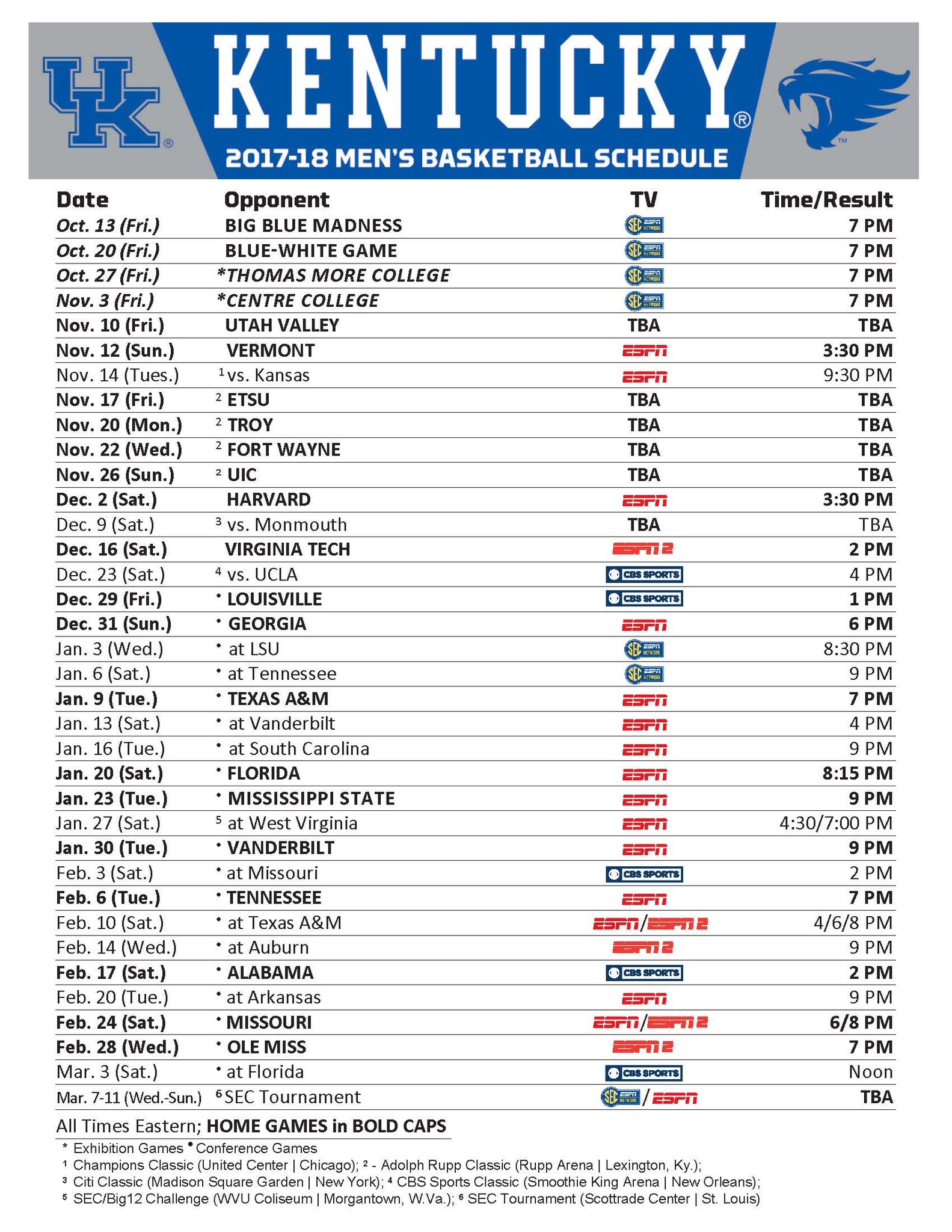 Printable Ky Wildcats Basketball Schedule