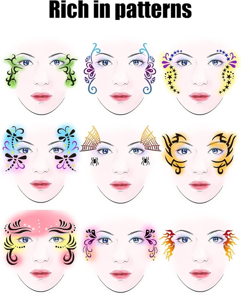 Amazon Face Painting Template 9 Sheet Face Paint Stencils Set Festival Makeup Face Paint Template Reusable Stencils Face Paint Stencils Reusable Face Paint Stencil For Birthday Parties Performance Arts Crafts 