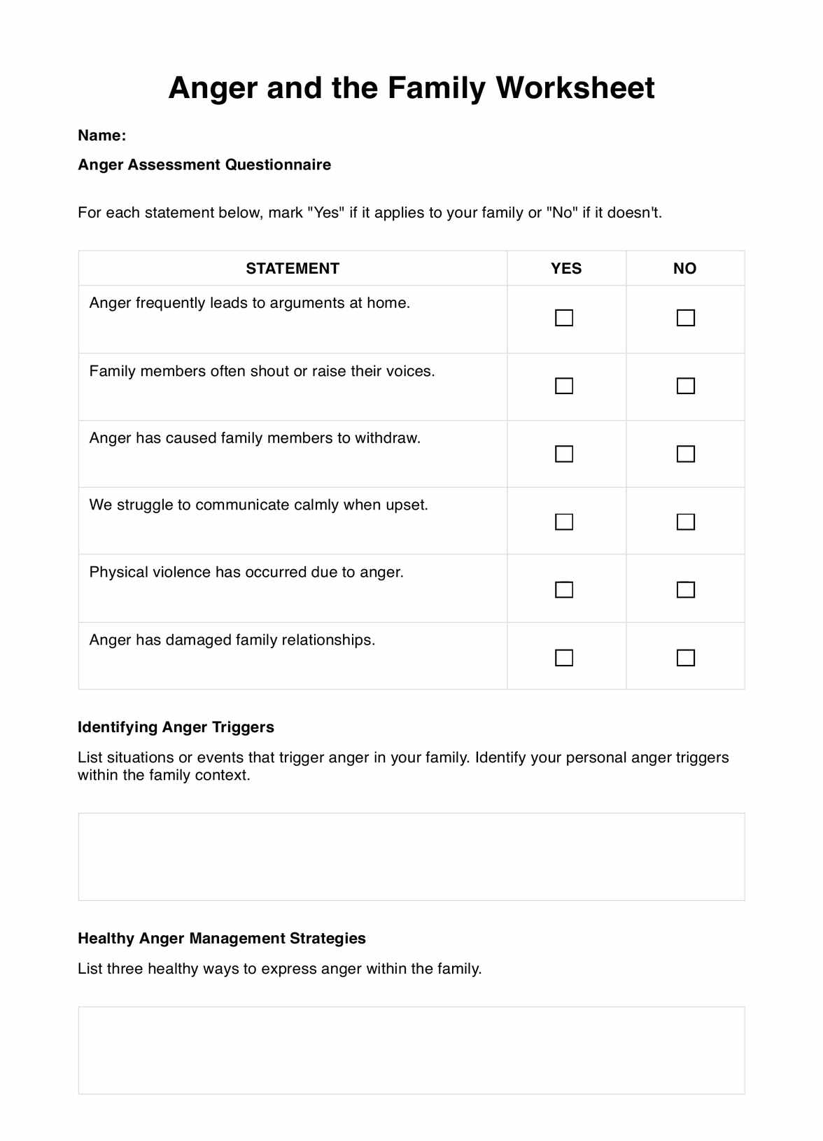Anger And The Family Worksheet Example Free PDF Download