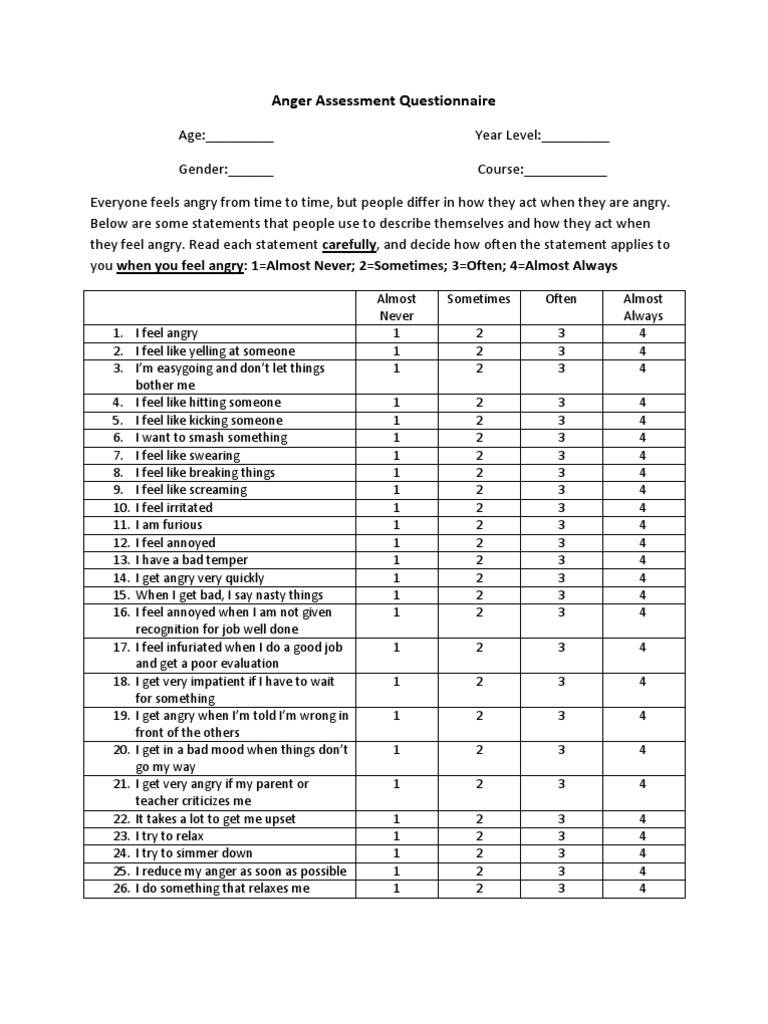 Anger Assessment Questionnaire PDF Anger Worksheets Library