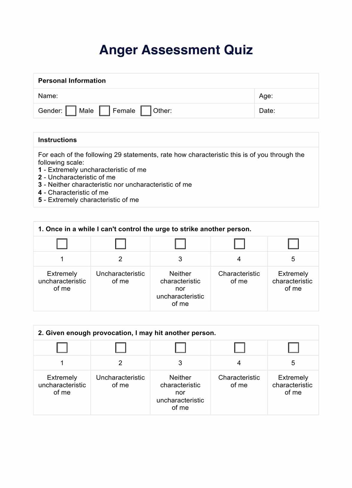 Anger Assessment Quiz Example Free PDF Download