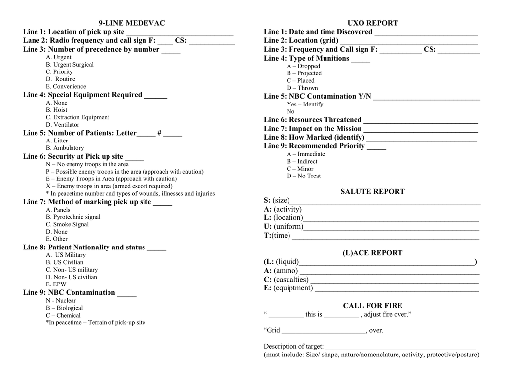 9 Line Medevac Card Printable