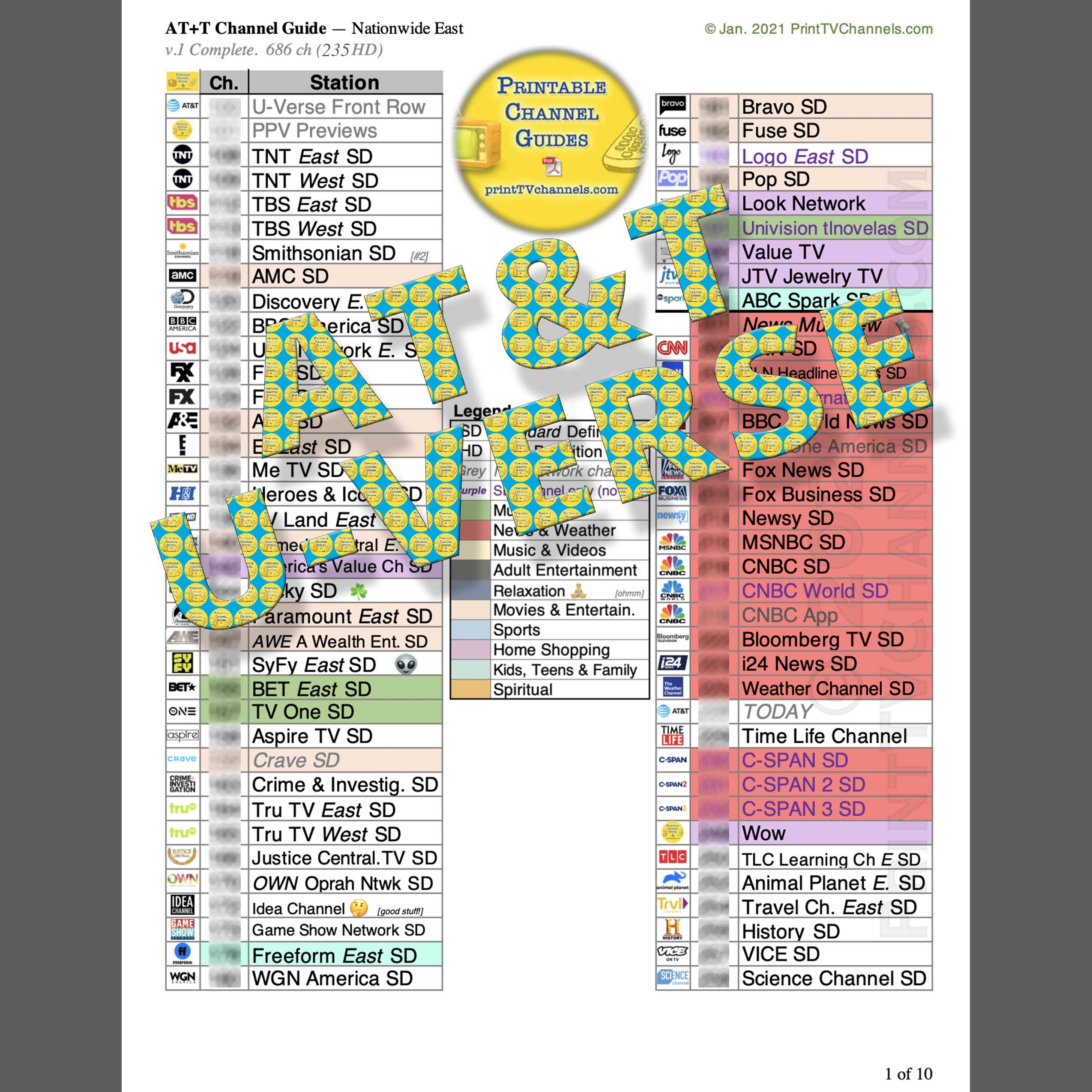 ATT U Verse Channel Lineup Guide Eastern USA PDF For Download