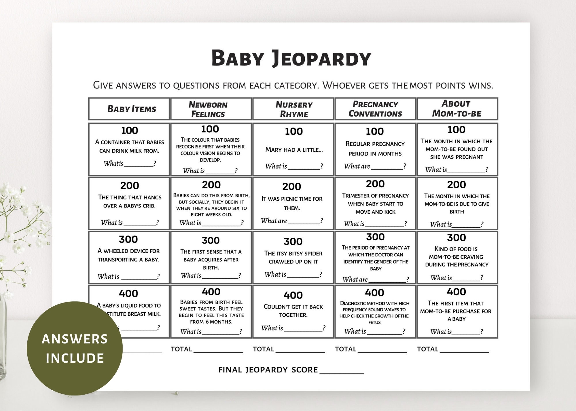 Baby Jeopardy Game Baby Shower Games Baby Quiz Game Baby Shower Game Printable Digital Download Etsy Israel