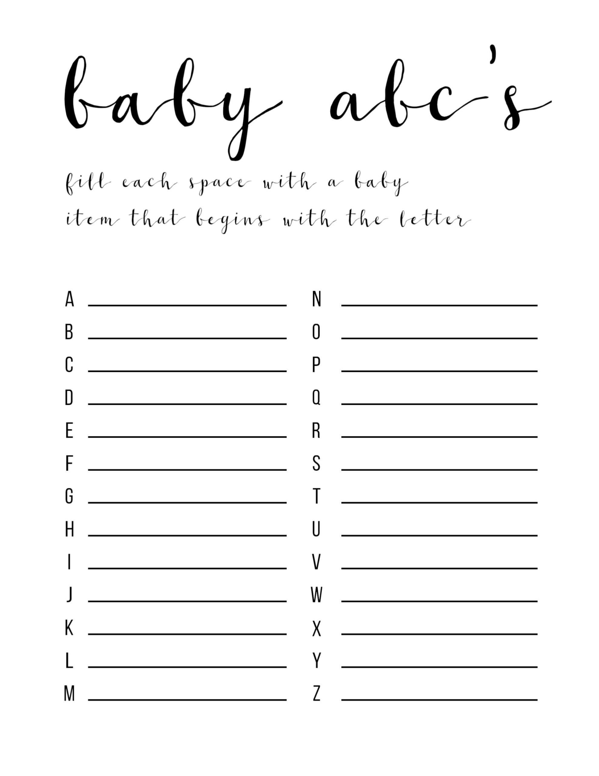 Baby Shower Games Ideas ABC Game Free Printable Paper Trail Design
