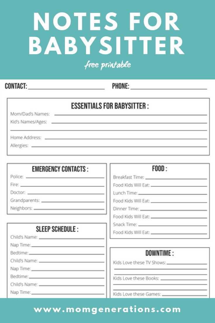 Babysitter Information Sheet Printable Stylish Life For Moms