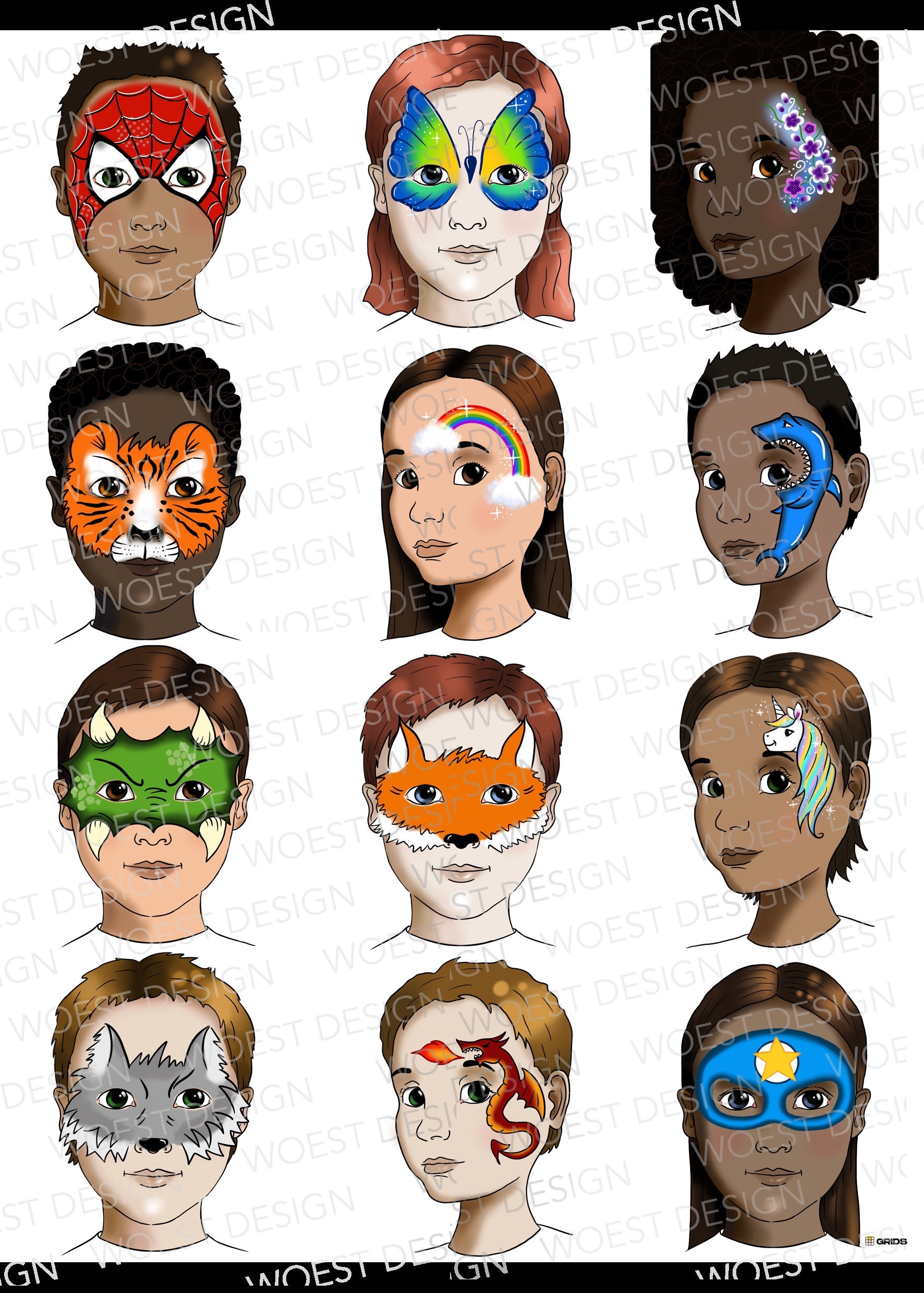 Basic Set A DIGITAL DOWNLOAD Face Paint Design Board Face Painting Template Board Menu Designs Digital Download Etsy Australia