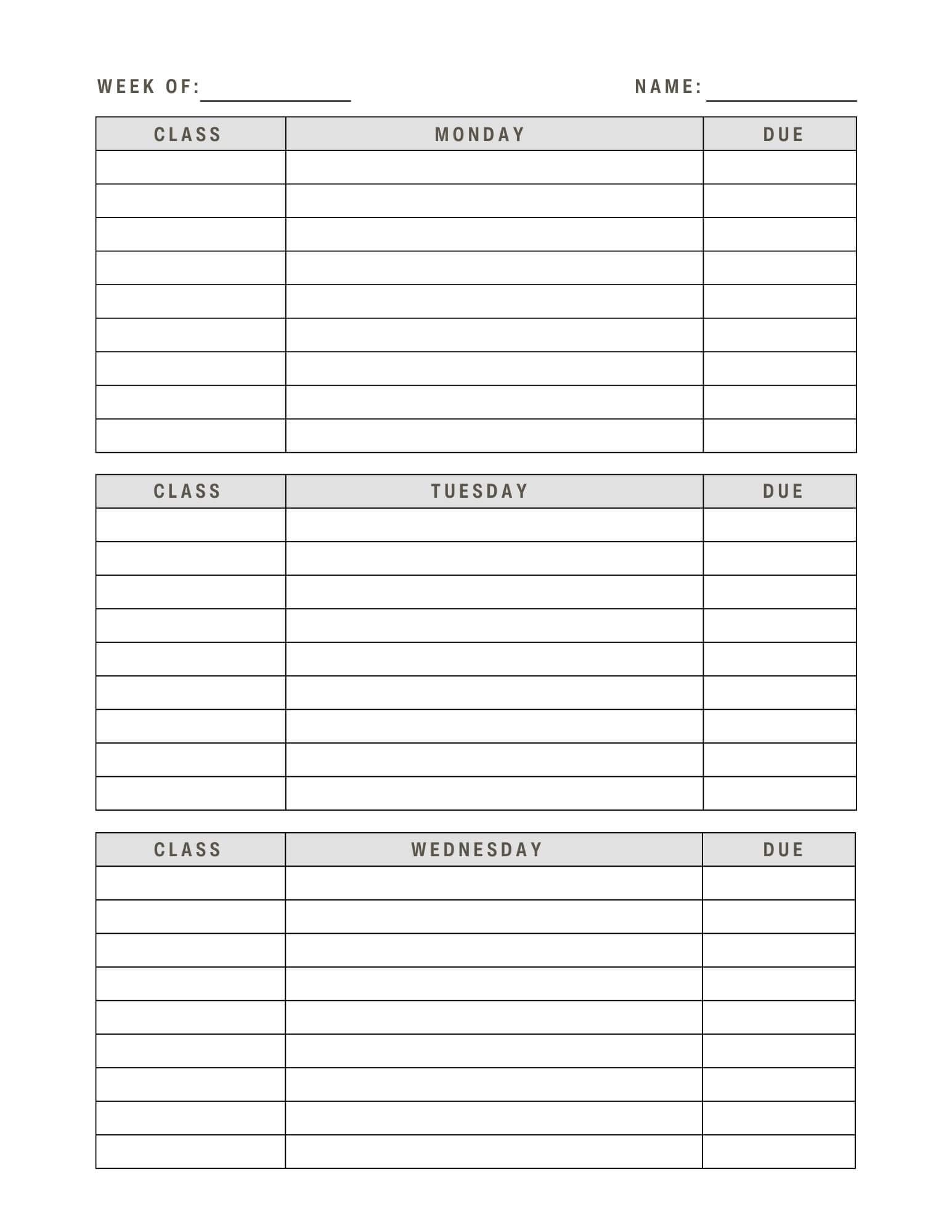Printable Student Weekly Lesson Planner