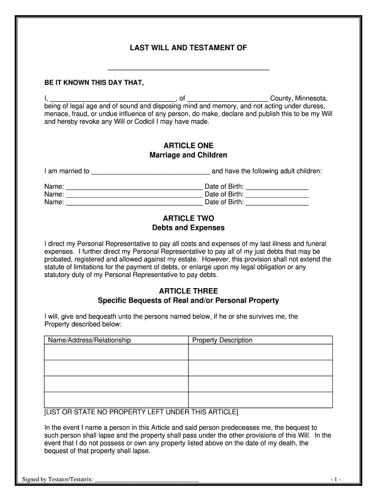 Blank Printable Will Forms Fill Online Printable Fillable Blank PdfFiller