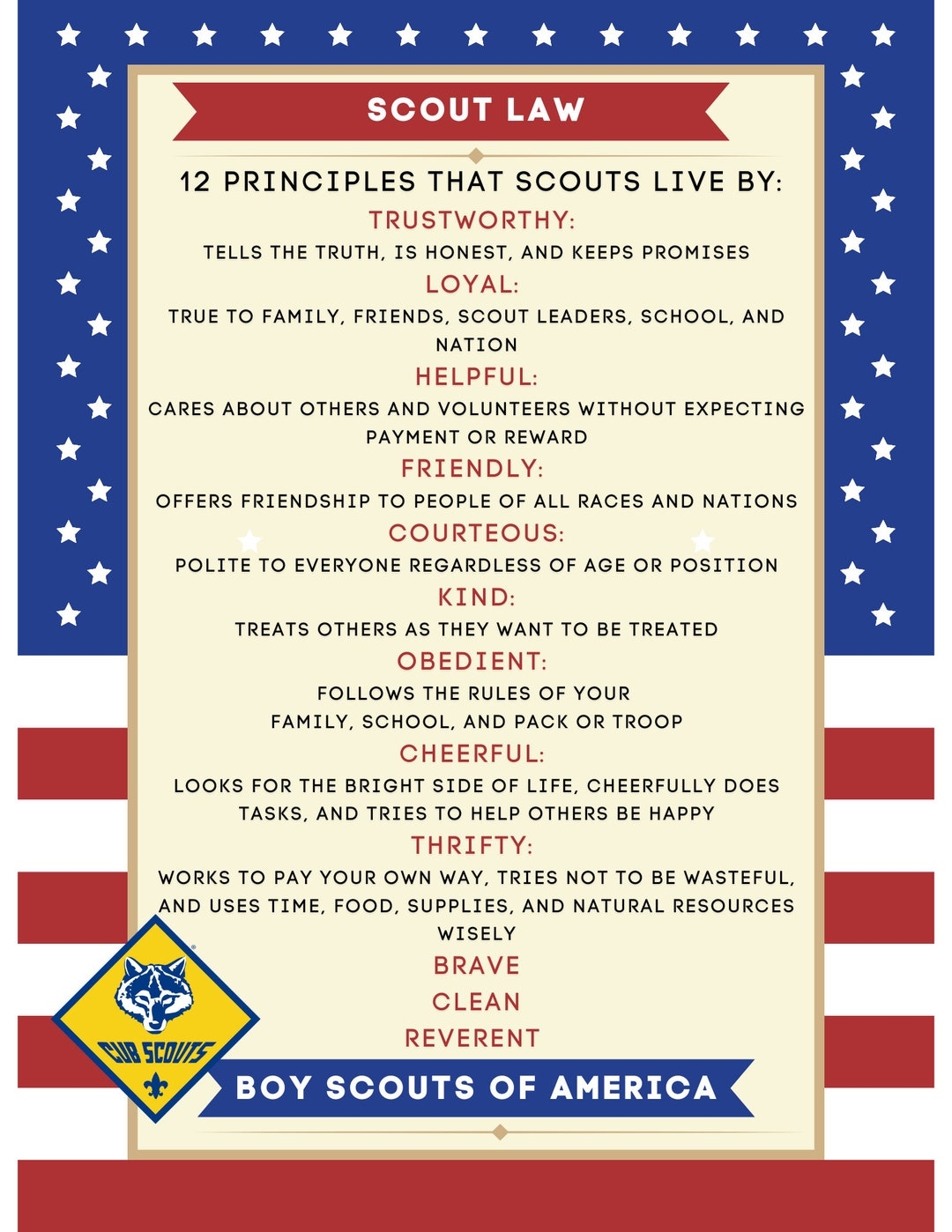 Boy Cub Scout Law Oath 2 Pages Digital File Blue Gold Event Or Meetings Etsy