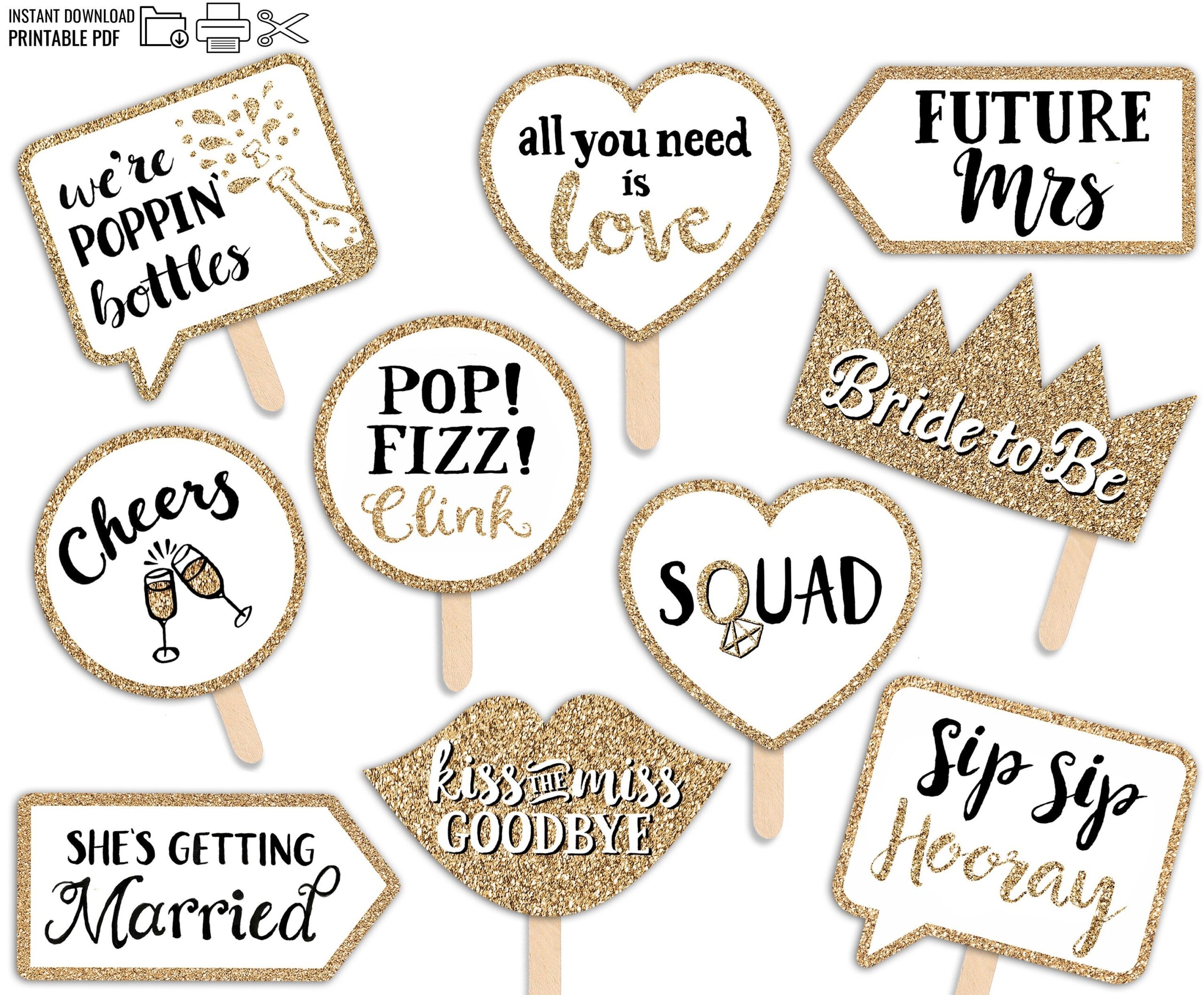 Bridal Shower Printable Photo Booth Props 10 Signs Gold Black And White Classy Bachelorette Hen Party Etsy UK