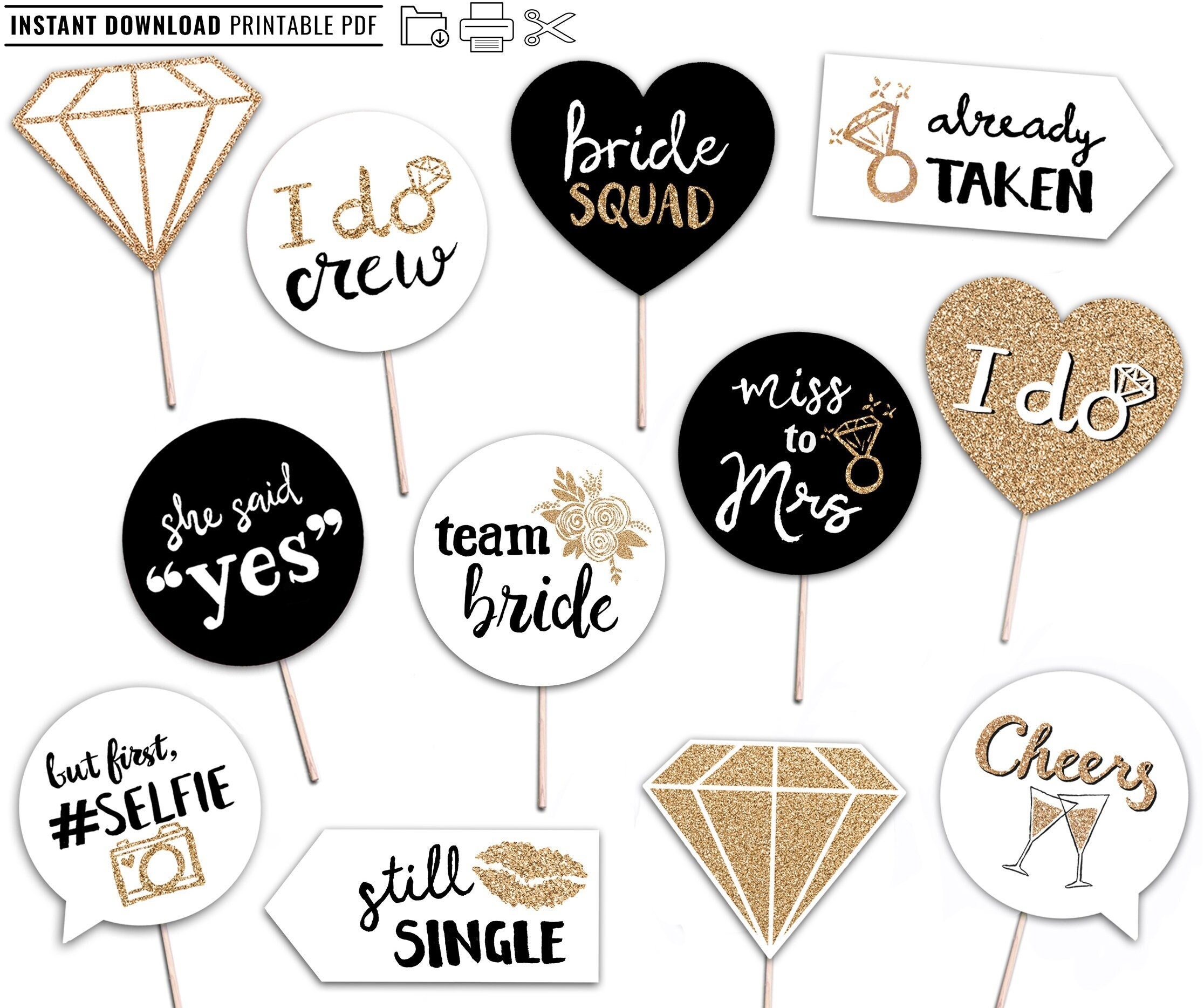 Bridal Shower Printable Photo Booth Props INSTANT DOWNLOAD Gold Black And White 12 Bachelorette Party Signs Hen Party Etsy UK
