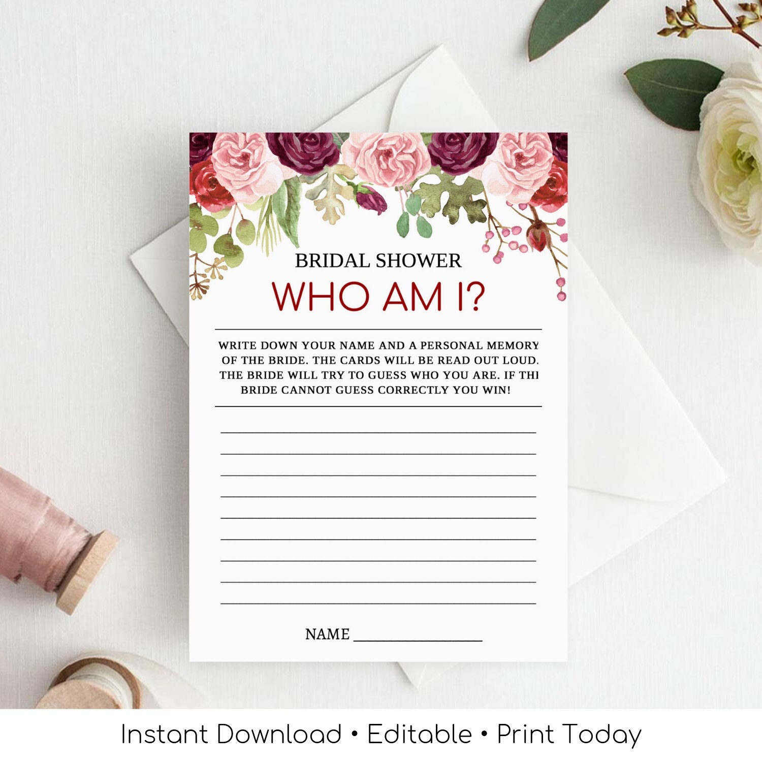 Bridal Shower Who Am I Bridal Shower Games Printables Bridal Shower Game Idea Bridal Shower Instant Download Boho Chic Editable Etsy