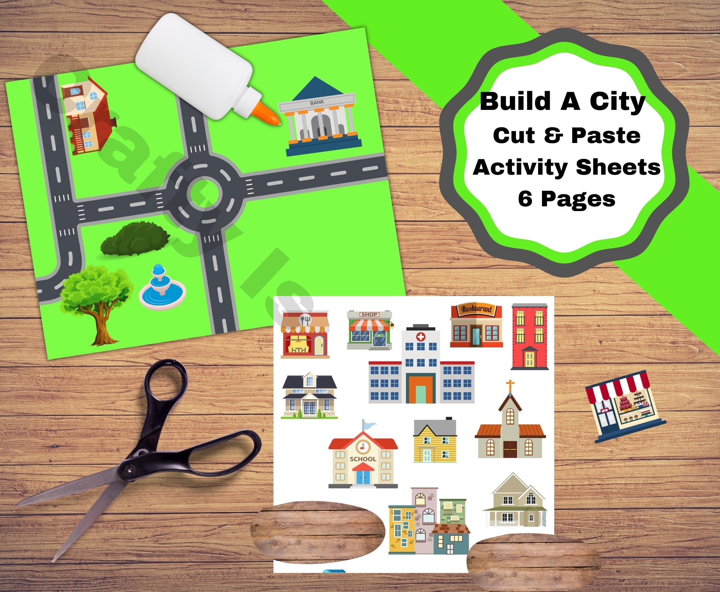 Build A City Printable Roadways And Pages Of Buildings Cars Boats Trees And More To Make A City Cut And Paste Activity Etsy