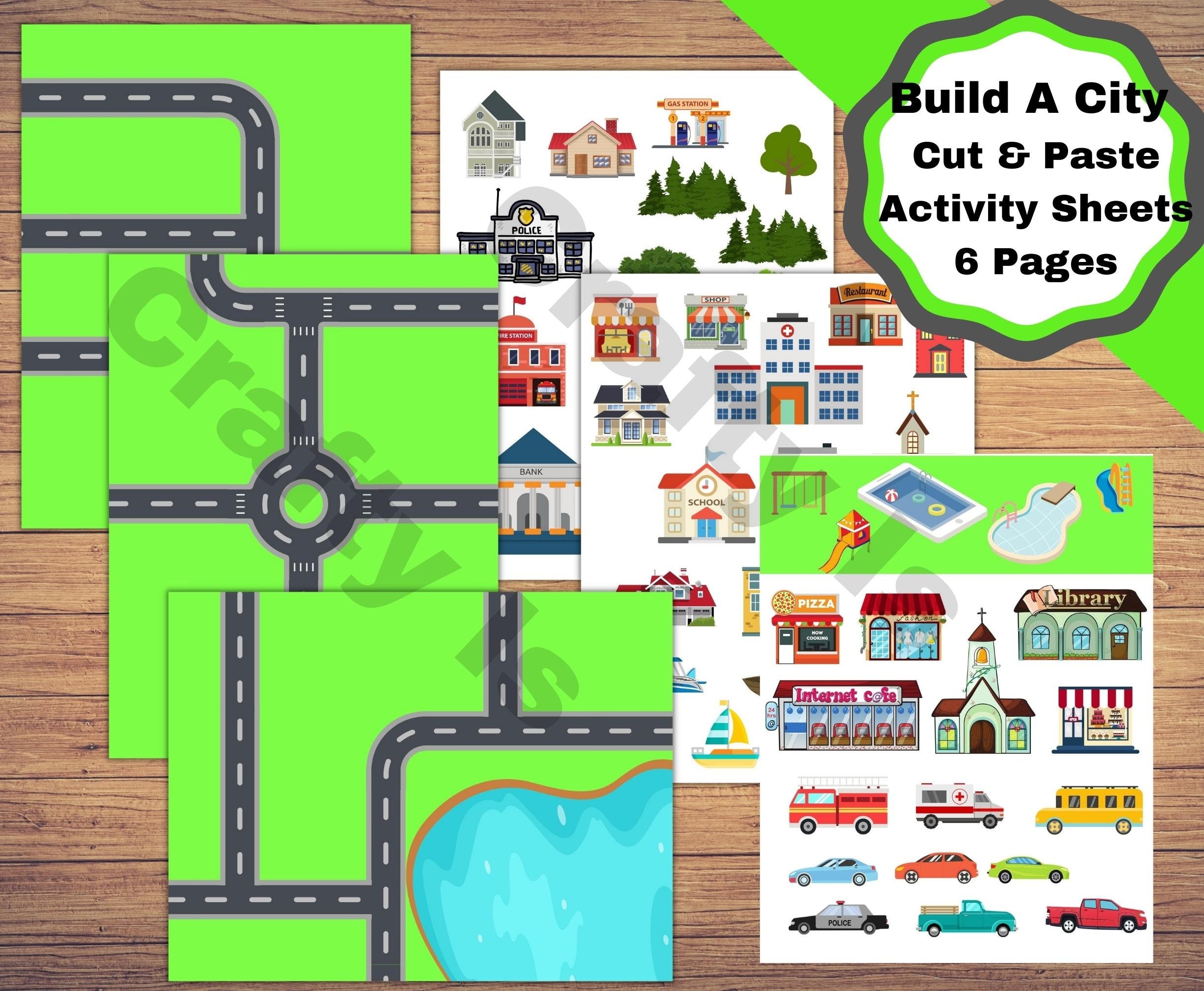 Build A City Printable Roadways And Pages Of Buildings Cars Boats Trees And More To Make A City Cut And Paste Activity Etsy