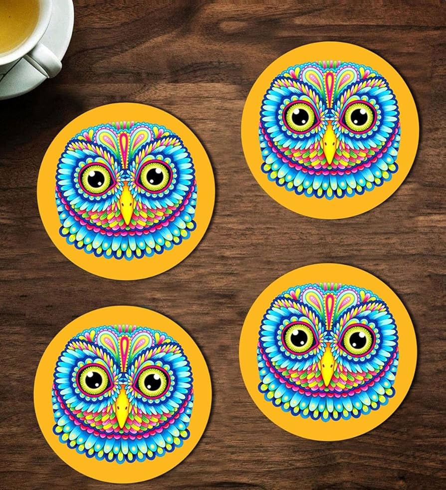 Buy ASHVAH Owl Print Typography Tea Coffee Mug Designer Handmade Wooden Coaster Set For Home Kitchen Office Desk Set Of 4 Round 10cm Online At Low Prices In India Amazon in