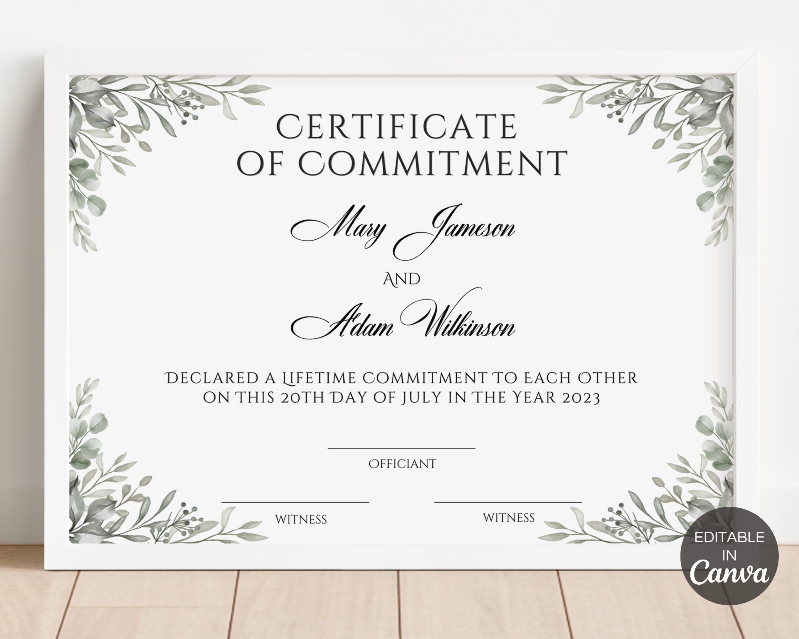 Certificate Of Commitment Editable Template Greenery Commitment Certificate Printable Custom Certificate Canva Digital Template TDS 10 Etsy